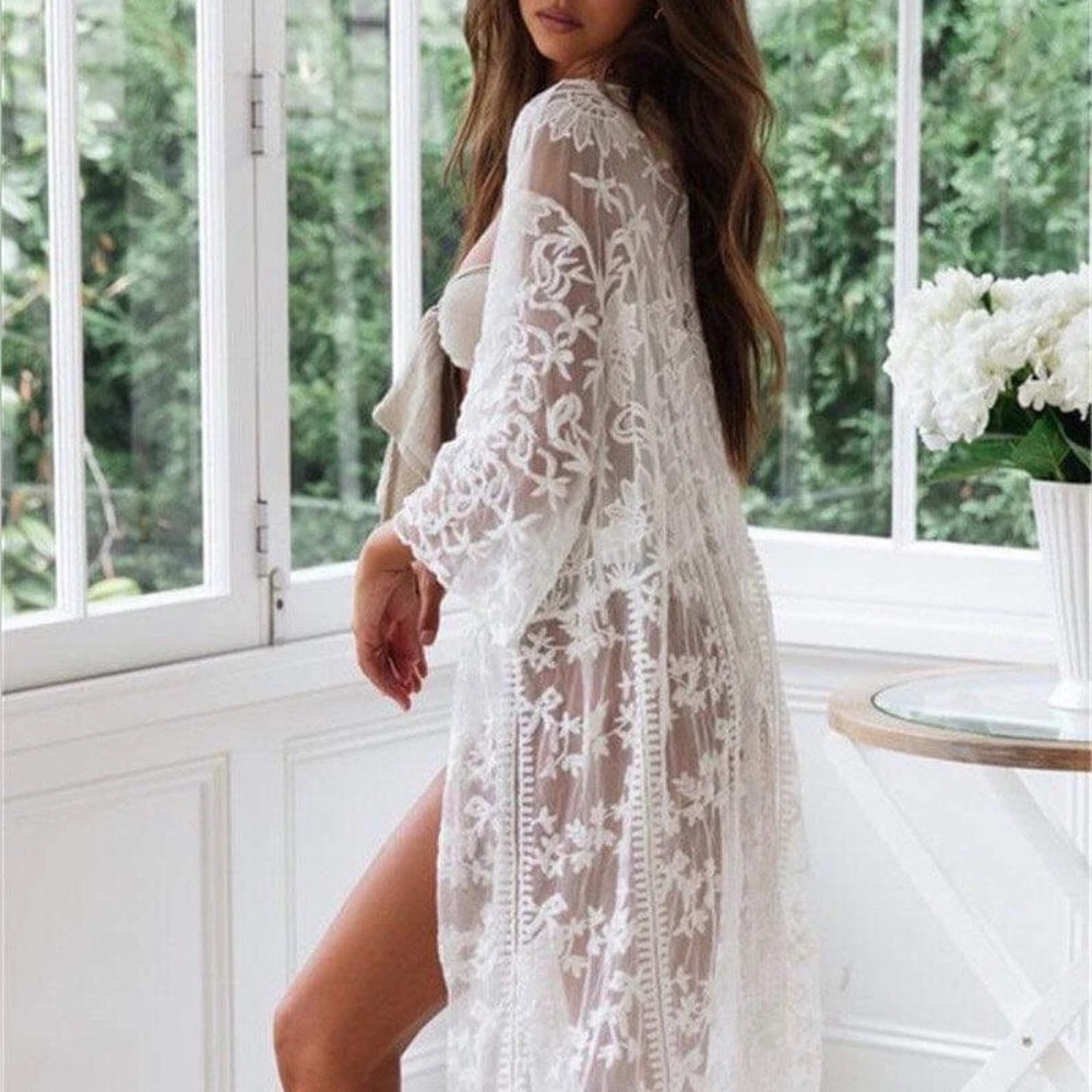 Elegant women boho Sheer White Lace Kimono kimono cover up - Picture 4 of 10